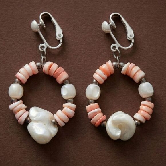 SheShells Jewelry - SheShells Vintage Coral Shell Beaded Hoop Coastal Boho Clip On Earrings VTG